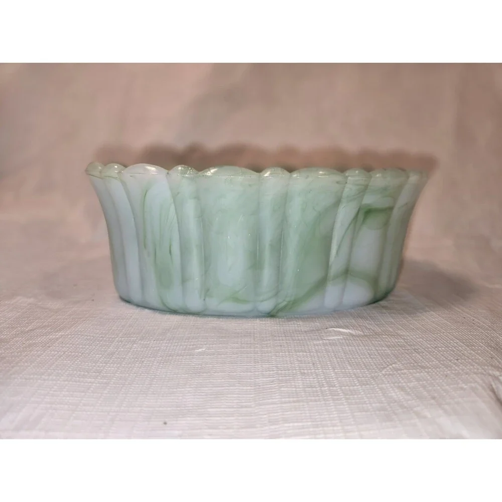 Vintage Akro Agate Green Slag Glass Dish Planter